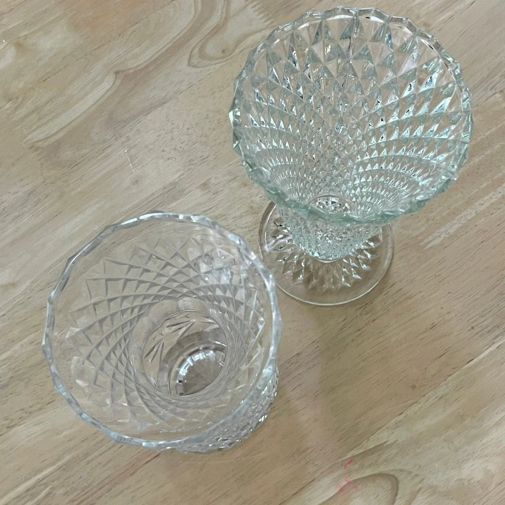 Vintage Clear Pressed Glass Vases Set of 2 Diamond Point Pedestal Trumpet 8.25